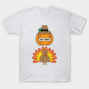 Turkey and Pumpkin with Give Thanks Sign T-Shirt